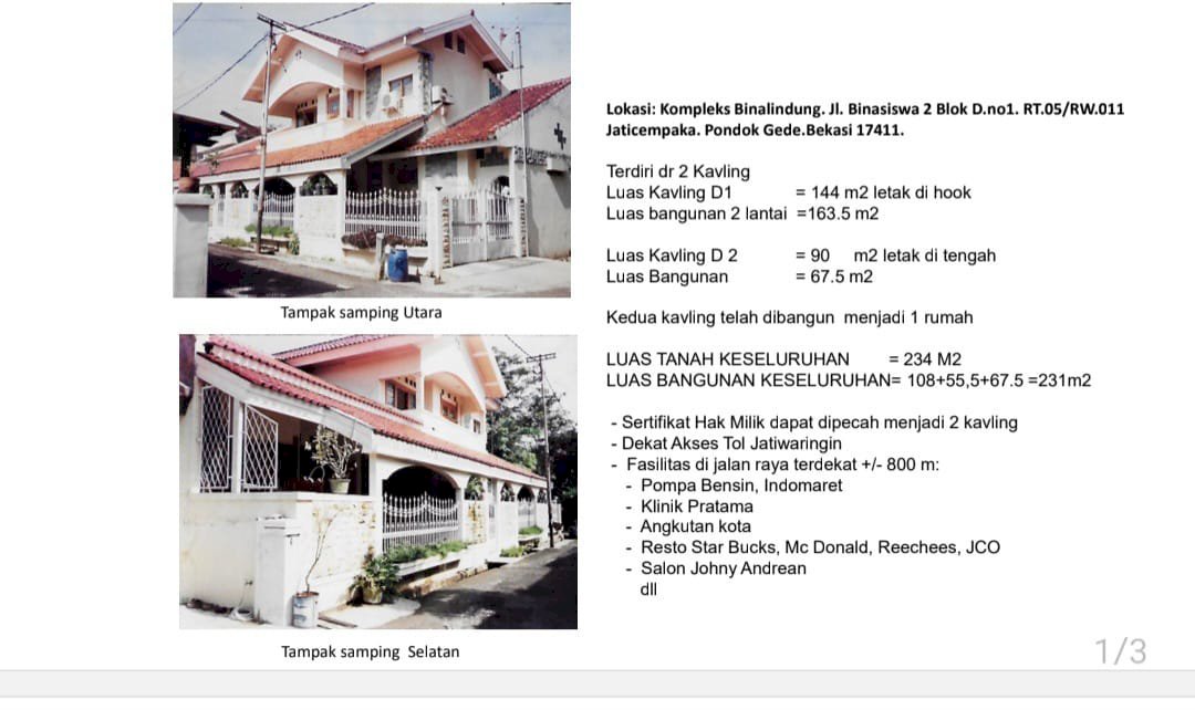 Dijual rumah couple 2 kavling di binalindun jatiwaringin