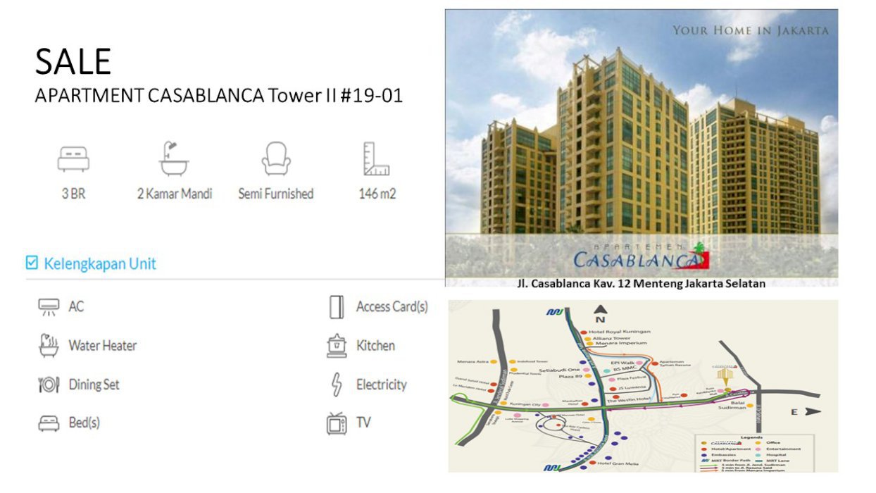 SALE APARTEMEN CASABLANCA 146 Sqm/ 3BR / 2BTR / Semi Furnished