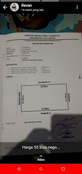 Jual tanah kavling lebar 12,6 panjang 8,3