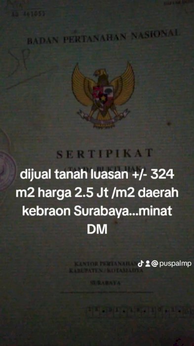 Jual tanah SHM luas +/- 324 m2