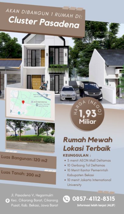 Rumah Cluster Pasadena, Dekat AEON Cikarang 5 MENIT SAMPAI