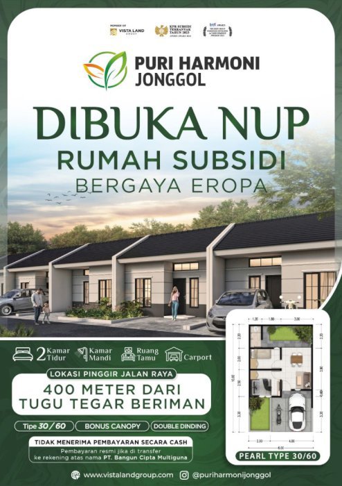 RUMAH SUBSIDI GAYA EROPA PERTAMA DI JONGGOL PINGGIR JALAN PROPINSI