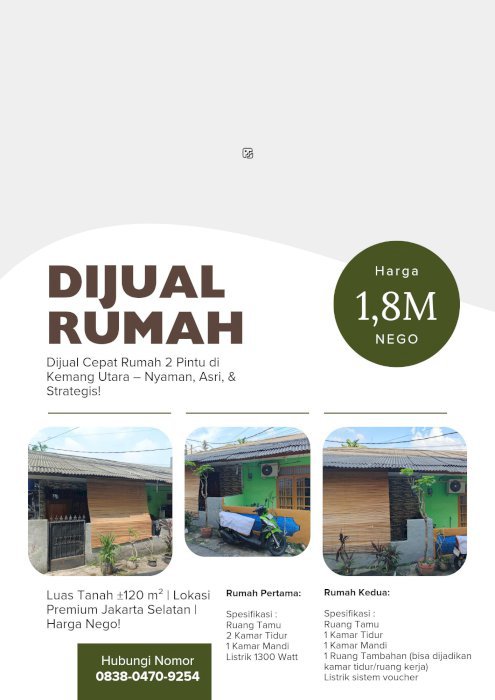 Dijual Cepat Rumah 2 Pintu di Kemang Utara , Nyaman, Asri, & Strategis