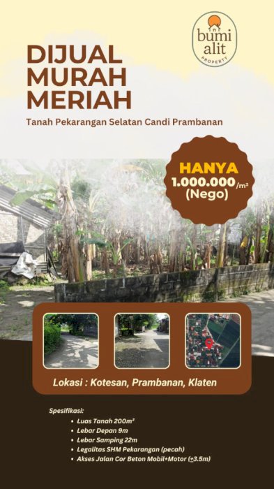 Dijual Tanah Pekarangan Murah Meriah Selatan Candi prambanan