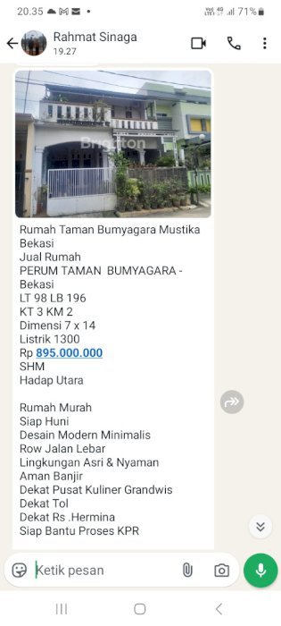 Di jual Rumah 2 Lantai Taman Bumyagara Mustika Jaya Kota Bekasi