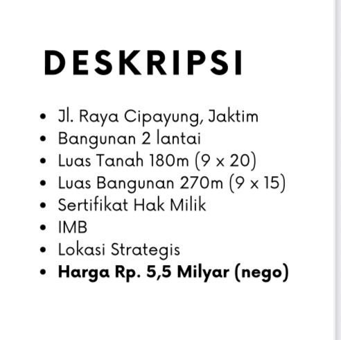 Dijual Ruko Jalan Raya Cipayung Jakarta Timur