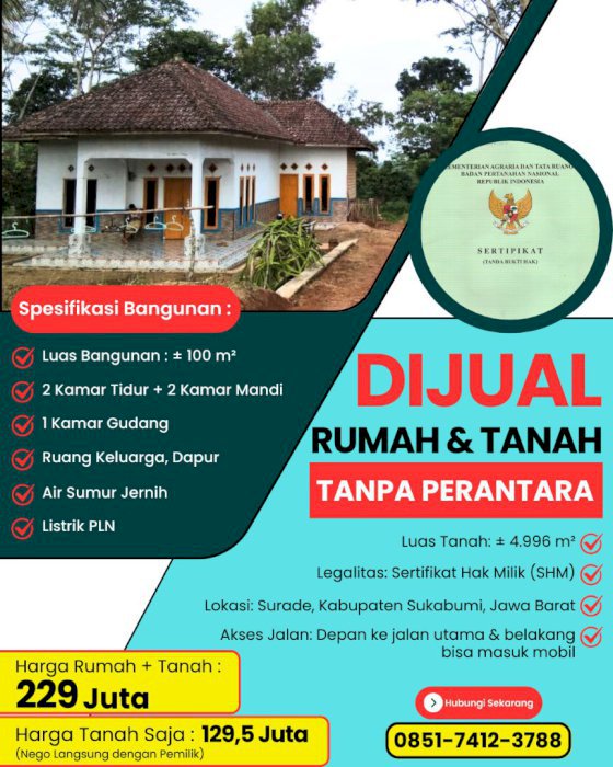 Dijual Rumah + Tanah 4.996 m² SHM di Surade Sukabumi
