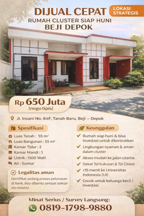 DIJUAL CEPAT – RUMAH CLUSTER SIAP HUNI DI BEJI, DEPOK