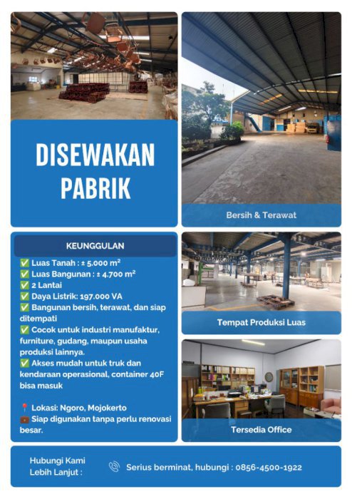 DISEWAKAN PABRIK SIAP PAKAI