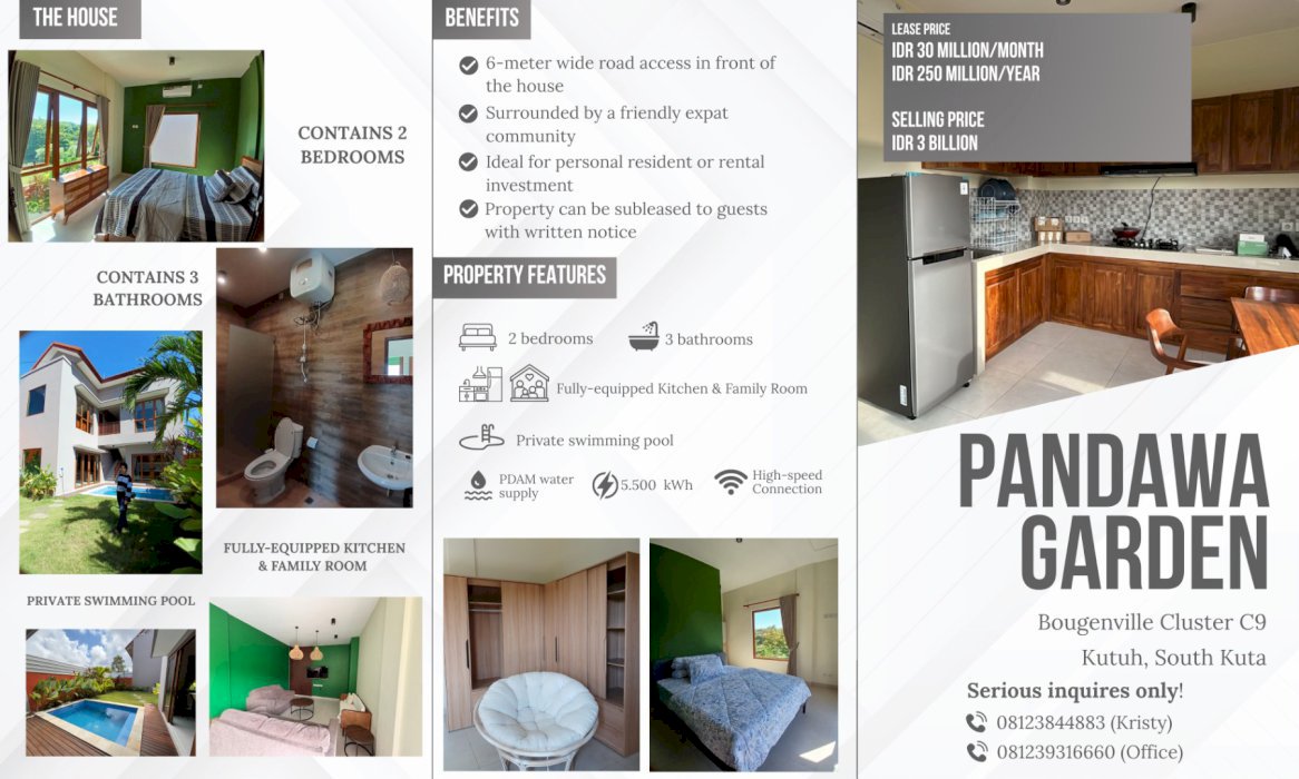 For Rent&For Sale–Pandawa Garden, Bougenville Cluster C9,South Kuta