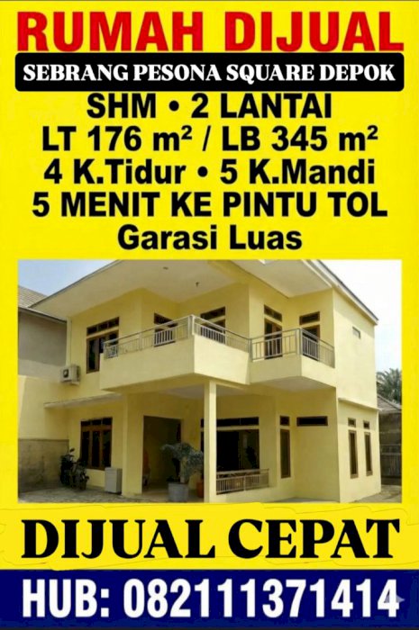 RUMAH 2 LANTAI LUAS DAN STRATEGIS SEBRANG PESONA SQUARE DEPOK