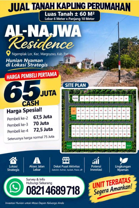  TANAH KAVLING DENGAN LOKASI STRATEGIS DAN NYAMAN DI MARGOYOSO, PATI!