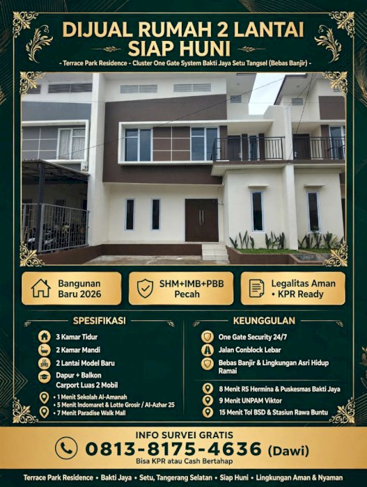 DIJUAL RUMAH 2 LANTAI TERRACE PARK RESIDENCE - Type 85 - Tanah 80